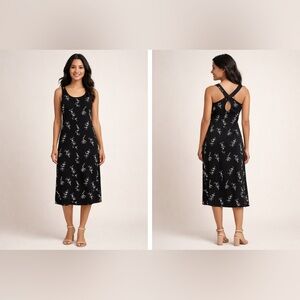 Black Floral Dress Womens Small Midi Sleeveless Crisscross Back Keyhole Romantic